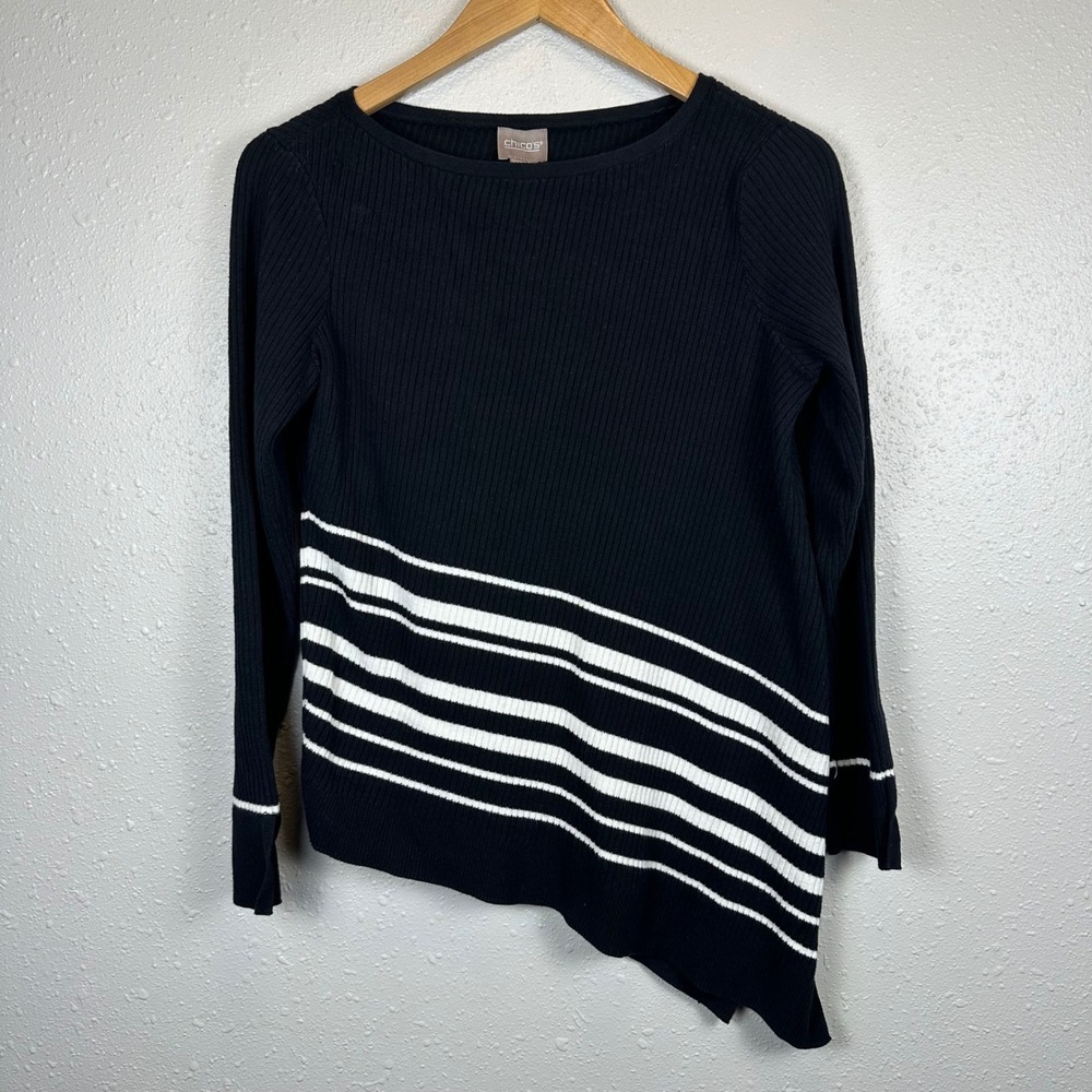 Chicos Womens M Crewneck Sweater Black Asymmetrical Hem Stripes 100% Cotton Boho